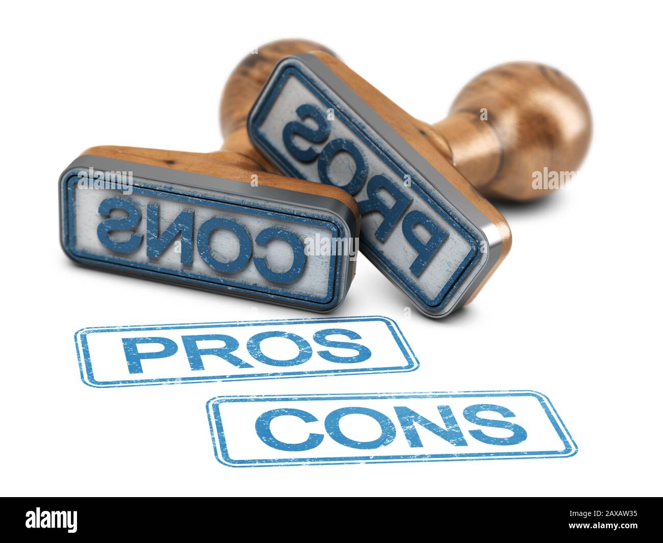 Due francobolli in gomma con le parole pro e contro stampate su sfondo bianco. figura 3d. Foto Stock Due francobolli in gomma con le parole pro e contro stampate su sfondo bianco. figura 3d. Foto Stock