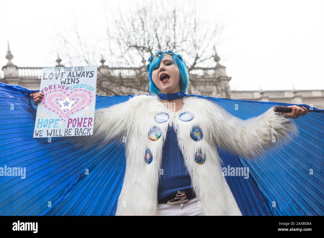 Giornata della Brexit a Londra, Regno Unito, il 31 gennaio 2020. Il Regno Unito è ufficialmente al di fuori dell'Europa il 31 gennaio 2020 a seguito del referendum in cui i cittadini erano favorevoli all'indipendenza dall'Unione europea. Foto Stock