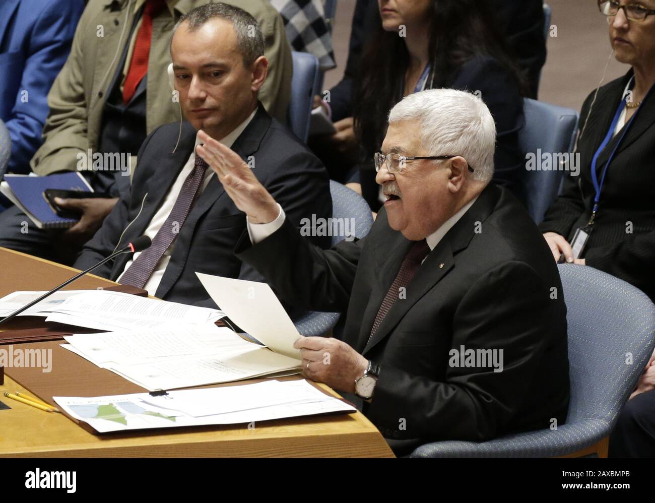 New York, Stati Uniti. 11th Feb, 2020. Il Presidente dello Stato di Palestina Mahmoud Abbas si rivolge al Consiglio di sicurezza delle Nazioni Unite sulla situazione in Medio Oriente presso la sede delle Nazioni Unite martedì 11 febbraio 2020 a New York. Foto di John Angelillo/UPI Credit: UPI/Alamy Live News Foto Stock