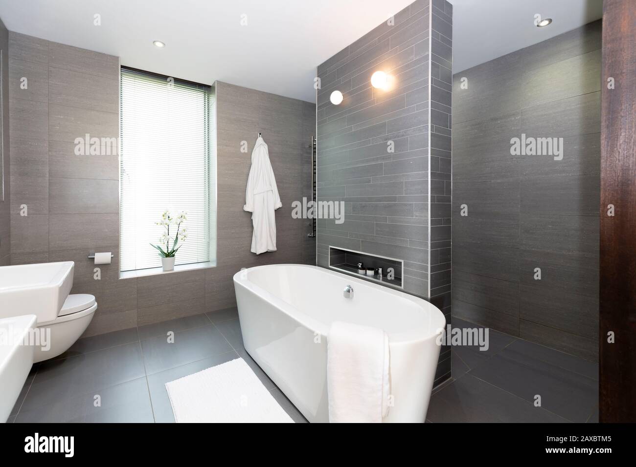 Moderno bagno grigio e bianco con vasca Foto Stock