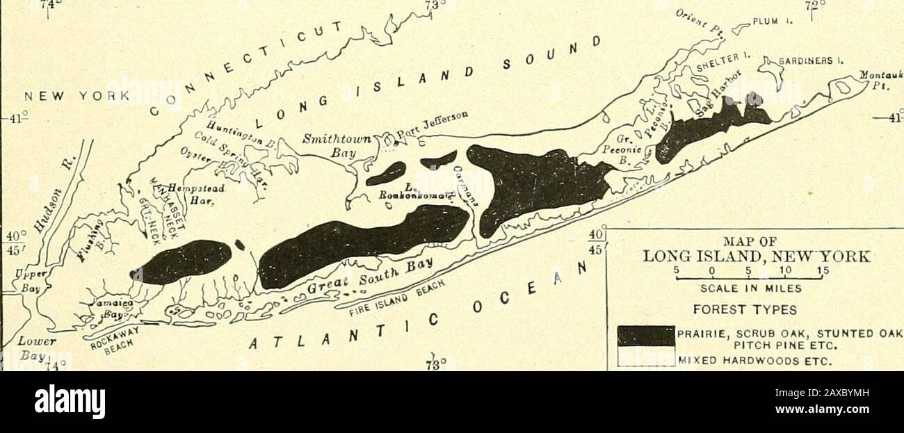 Fisiografia forestale; fisiografia degli Stati Uniti e principi del suolo in relazione alla silvicoltura . g^ StobNV PROSCIUTTI E GHIAIA E SABBIA GROSSA LOAMSSAND(NORFOLK) ARGILLA PROSCIUTTI, FINISSIMA SABBIA FINISSIMA SABBIA, SABBIA DI SPIAGGIA, SALE MARSH. FORESTA TYPESIIRIE, QUERCIA, STUNTATA FIG. 199. Morene terminali, terreni e vegetazione di Long Island. Foto Stock