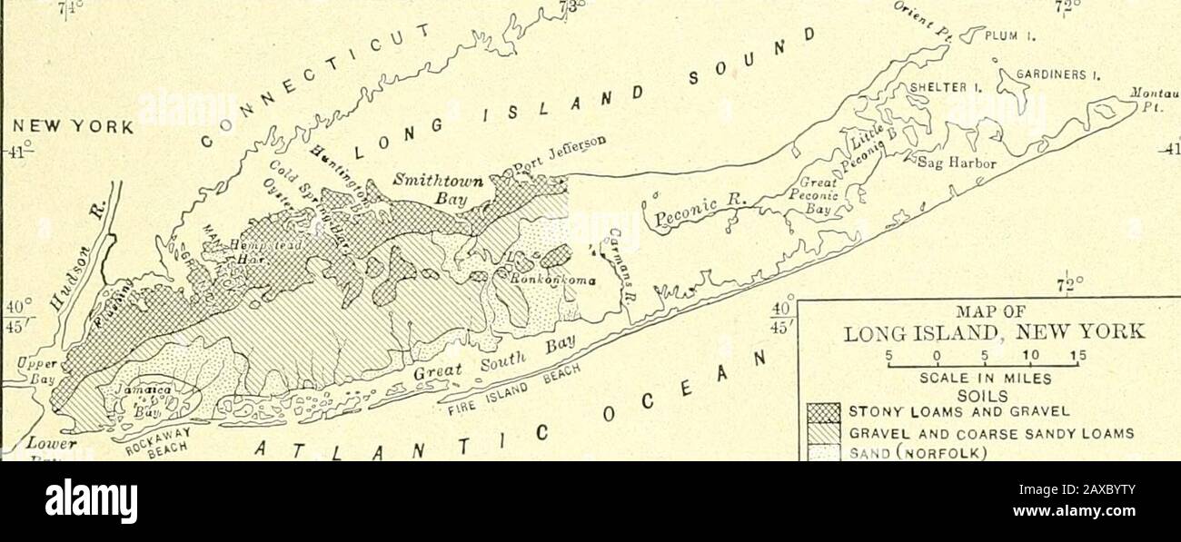 Fisiografia forestale; fisiografia degli Stati Uniti e principi del suolo in relazione alla silvicoltura . TERMINAL MORAINES IN NERO. G^ STONV LAME E GHIAIA DI GHIAIA E SABBIA GROSSA LOAMSSAND(NORFOLK) ARGILLA PROSCIUTTI, FINISSIMA SABBIA FINISSIMA, SABBIA DI SPIAGGIA, SALE MARSH Foto Stock