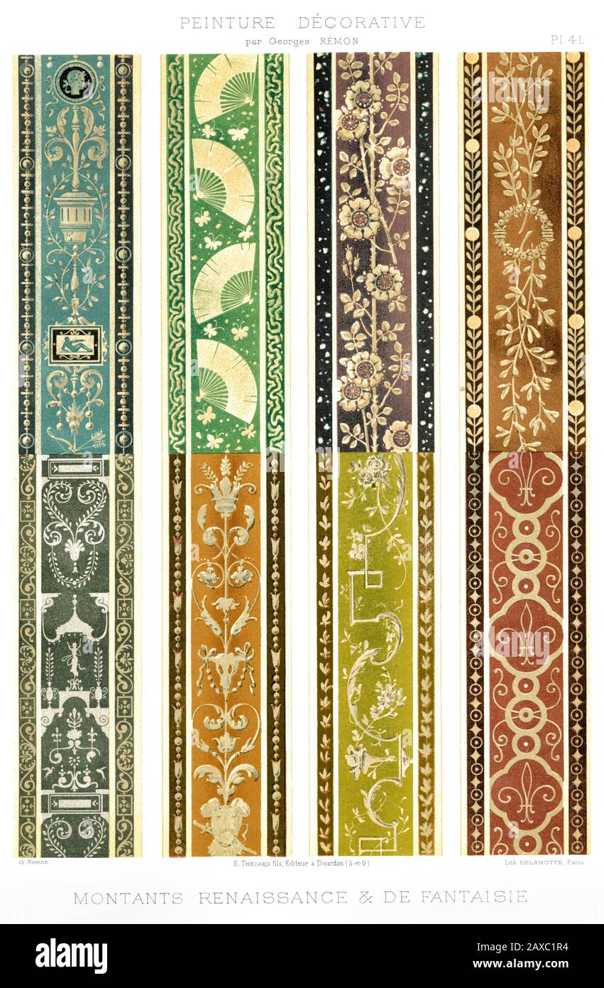8 modelli di montanti rinascimentali e fantasy, pittura decorativa 1895 Foto Stock
