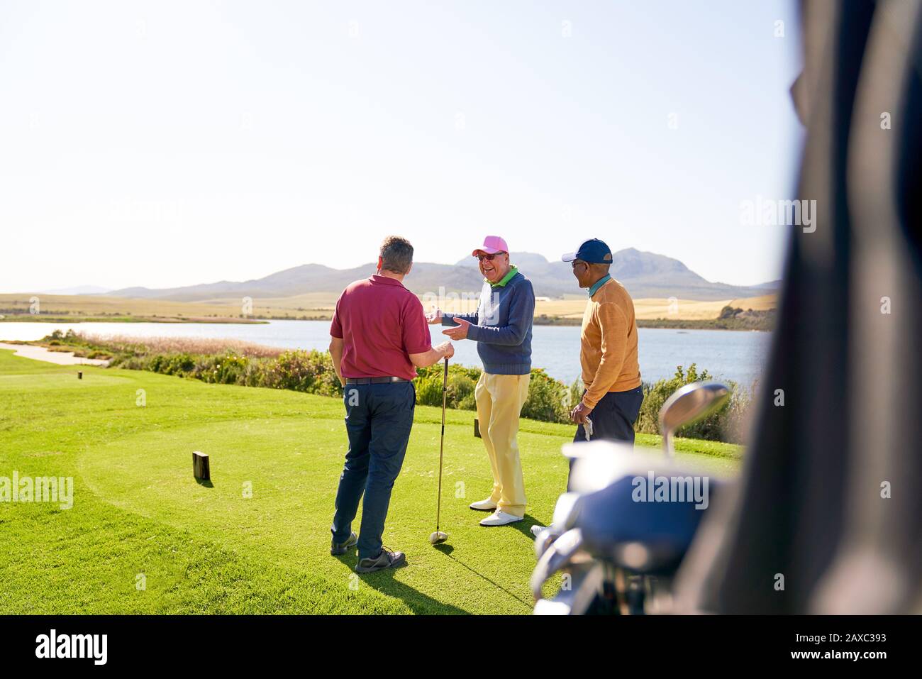 Golfisti maschi che parlano al tee box sul soleggiato campo da golf Foto Stock