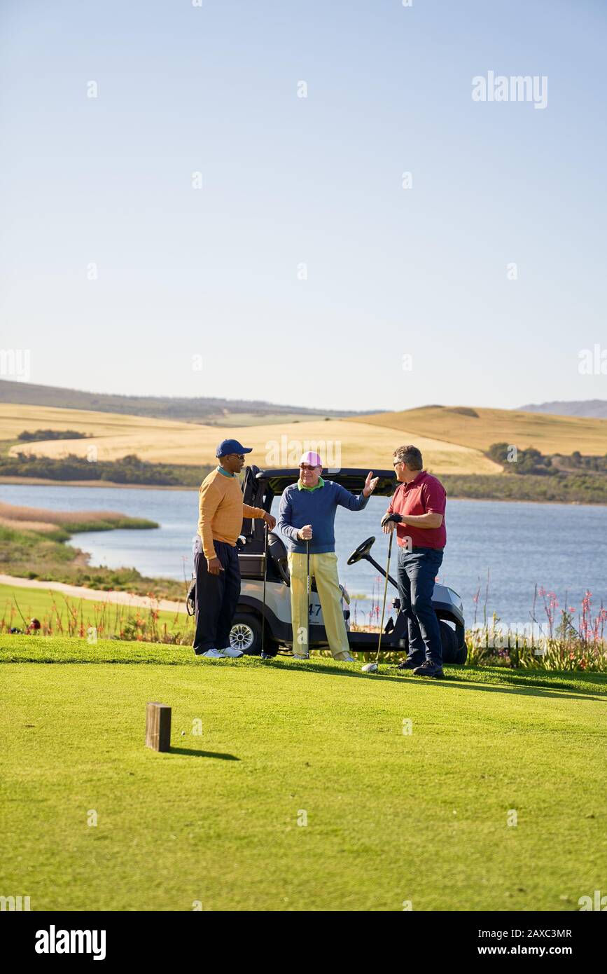 Amici maschi golfisti che parlano al soleggiato campo da golf sul lago Foto Stock