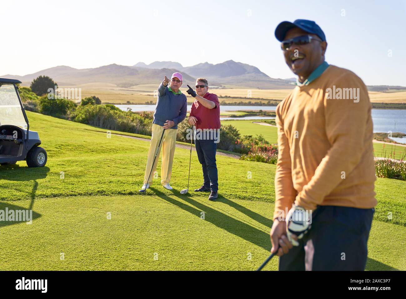 Golfisti maschi che parlano su un campo da golf soleggiato Foto Stock