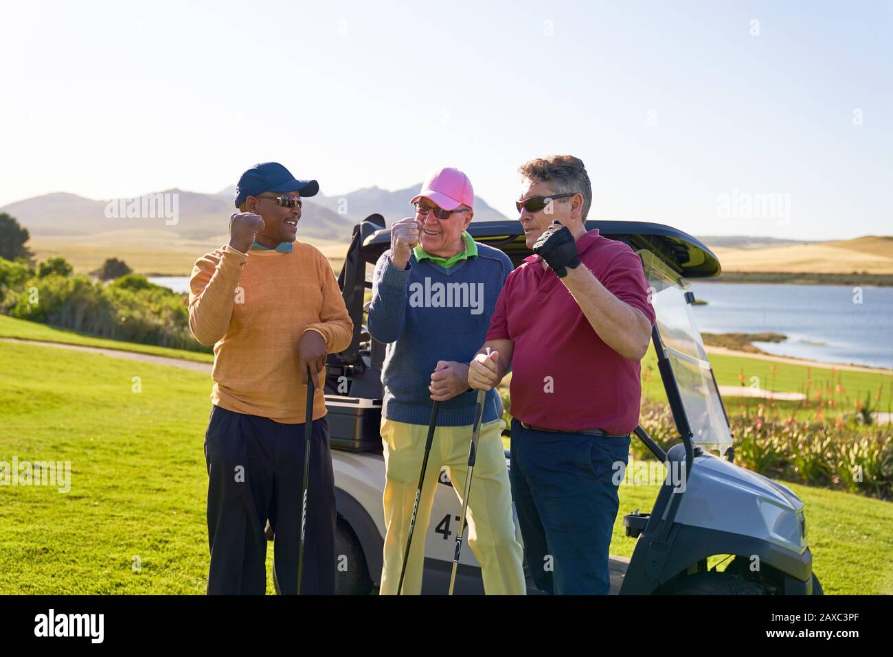 I golfers maschili che rallegrano al golf cart soleggiato Foto Stock