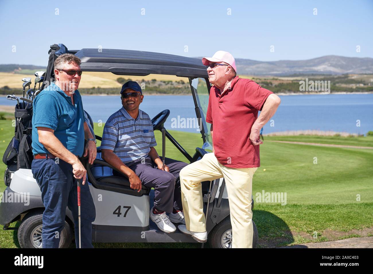 I golfers maschili maturi felici che parlano al golf cart soleggiato Foto Stock