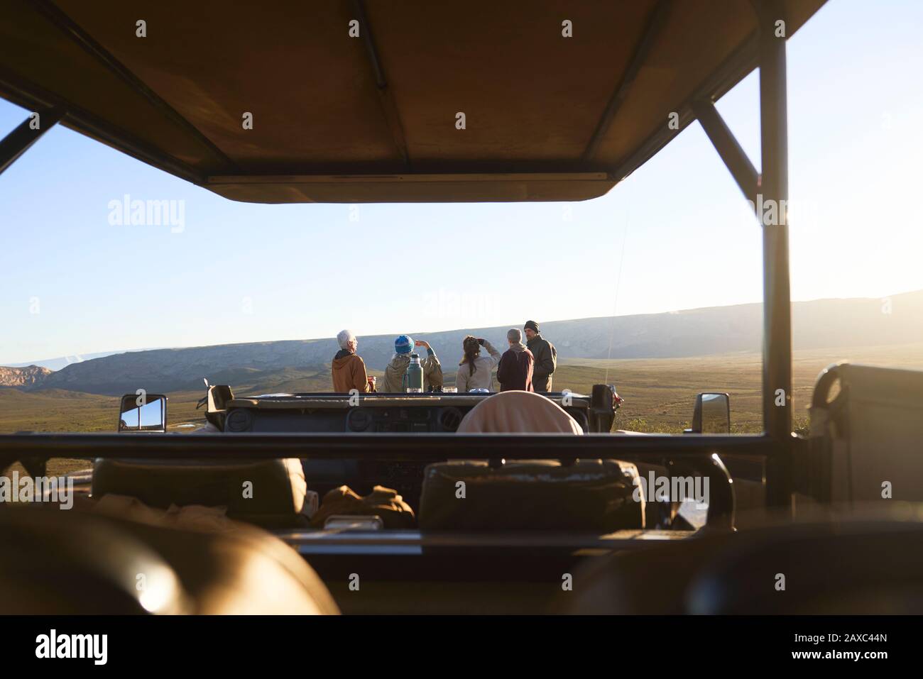 Tour in gruppo con safari e vista del veicolo fuoristrada in Sud Africa Foto Stock