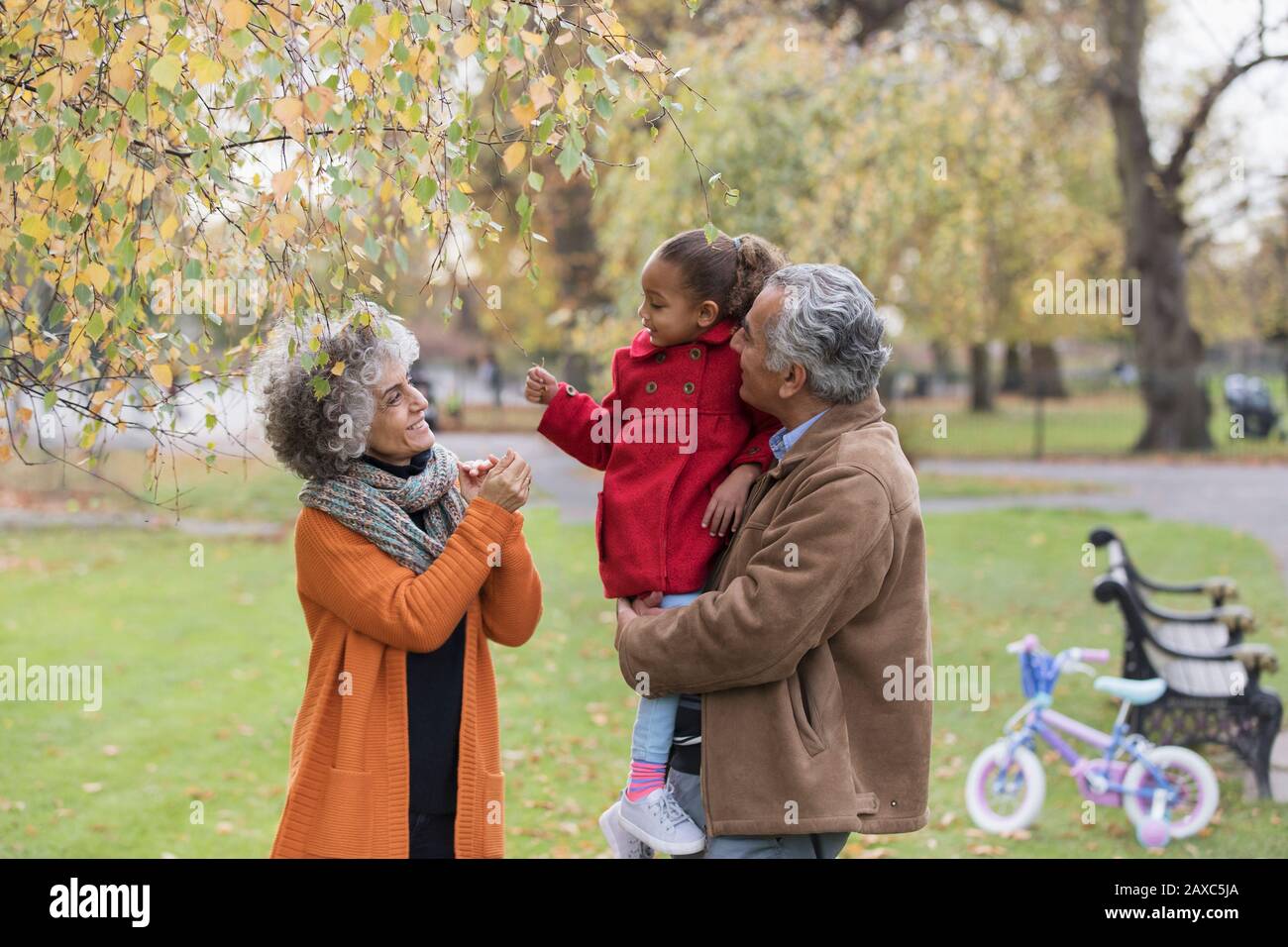 Nonni con nipote nel parco autunnale Foto Stock