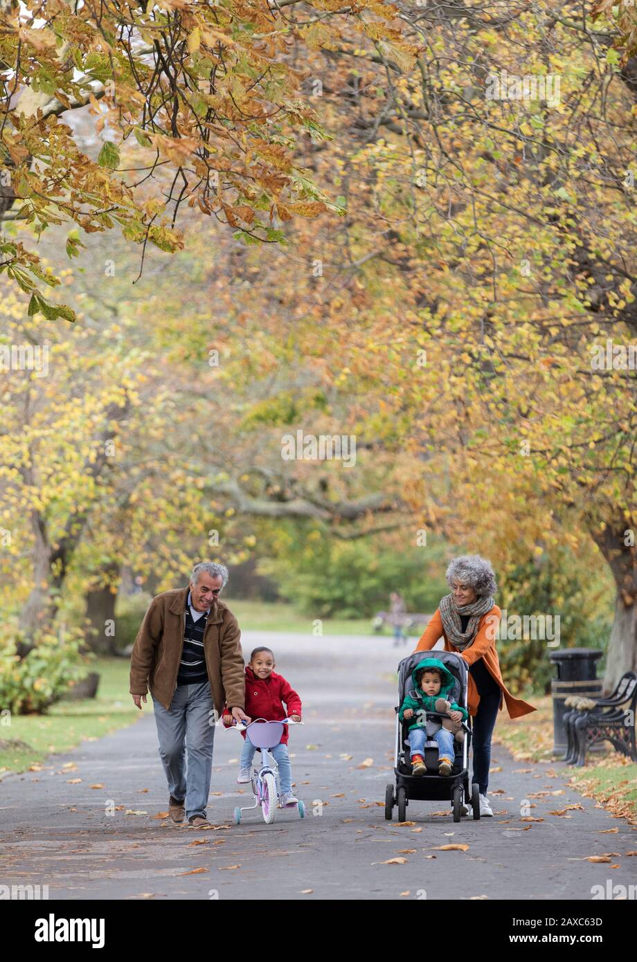 Nonni con nipoti al parco autunnale Foto Stock