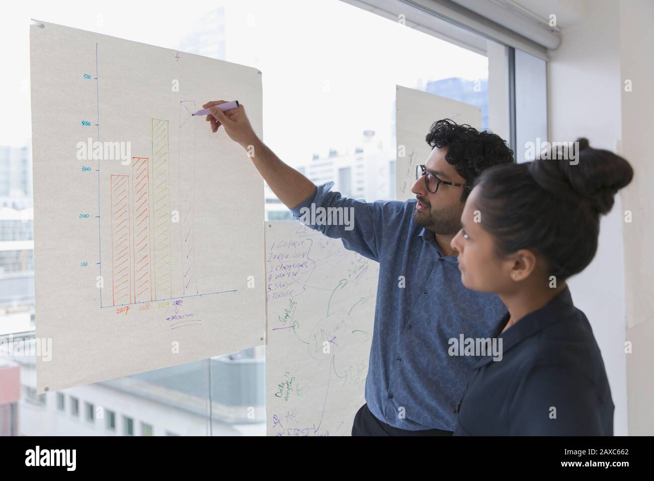 Il brainstorming di gente di affari, grafico della barra di disegno in ufficio Foto Stock