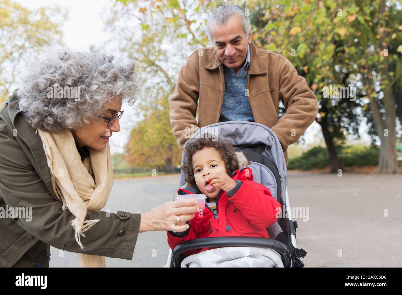 Nonni che allattano il nipote nel passeggino del parco Foto Stock
