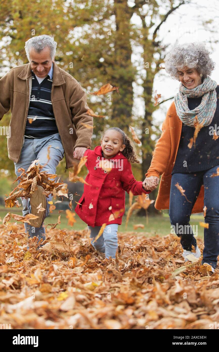 Nonni e nipoti giocosi che lasciano l'autunno nel parco Foto Stock