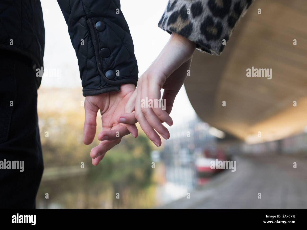 Primo piano affettuoso giovane coppia che tiene le mani Foto Stock