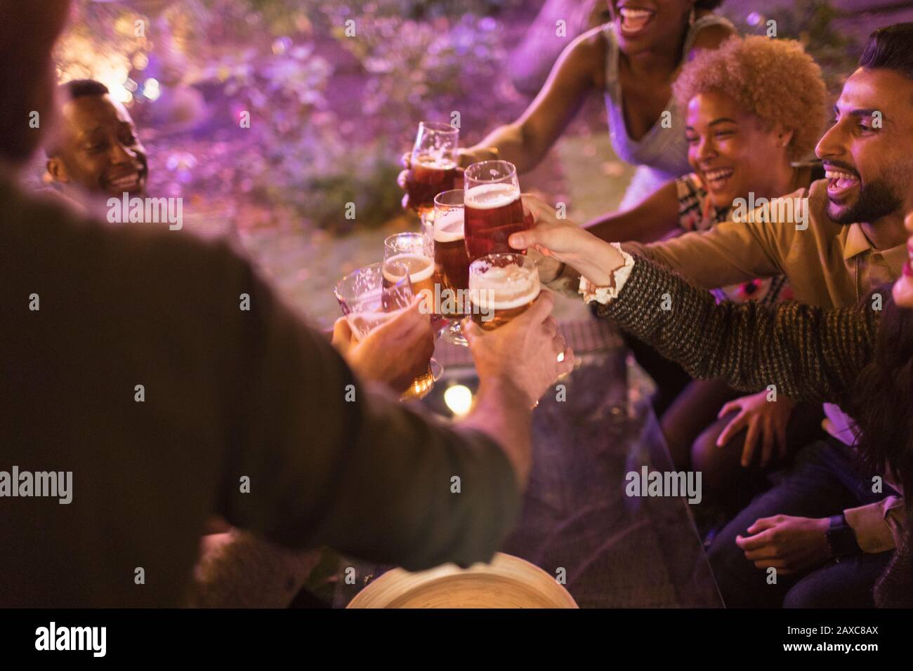 Amici che brindano bicchieri di birra al party in giardino Foto Stock