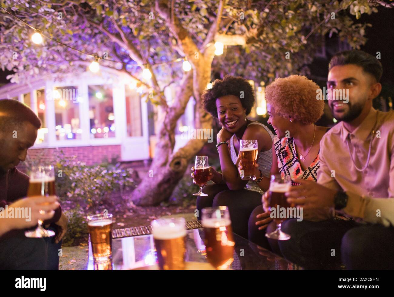Amici che parlano e bevono birra al party in giardino Foto Stock