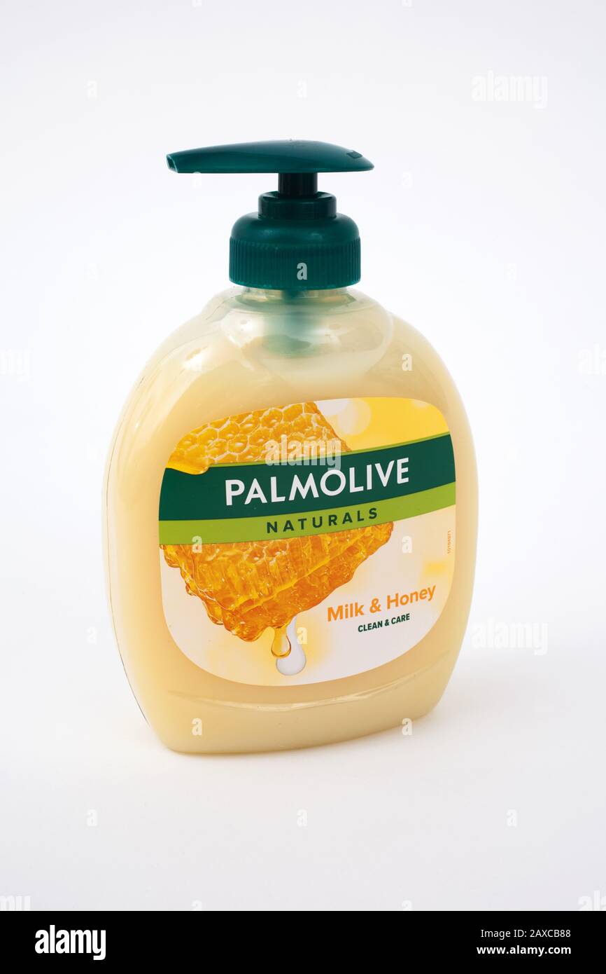 Una bottiglia di Latte di Palmolive e sapone per mani di miele Foto Stock