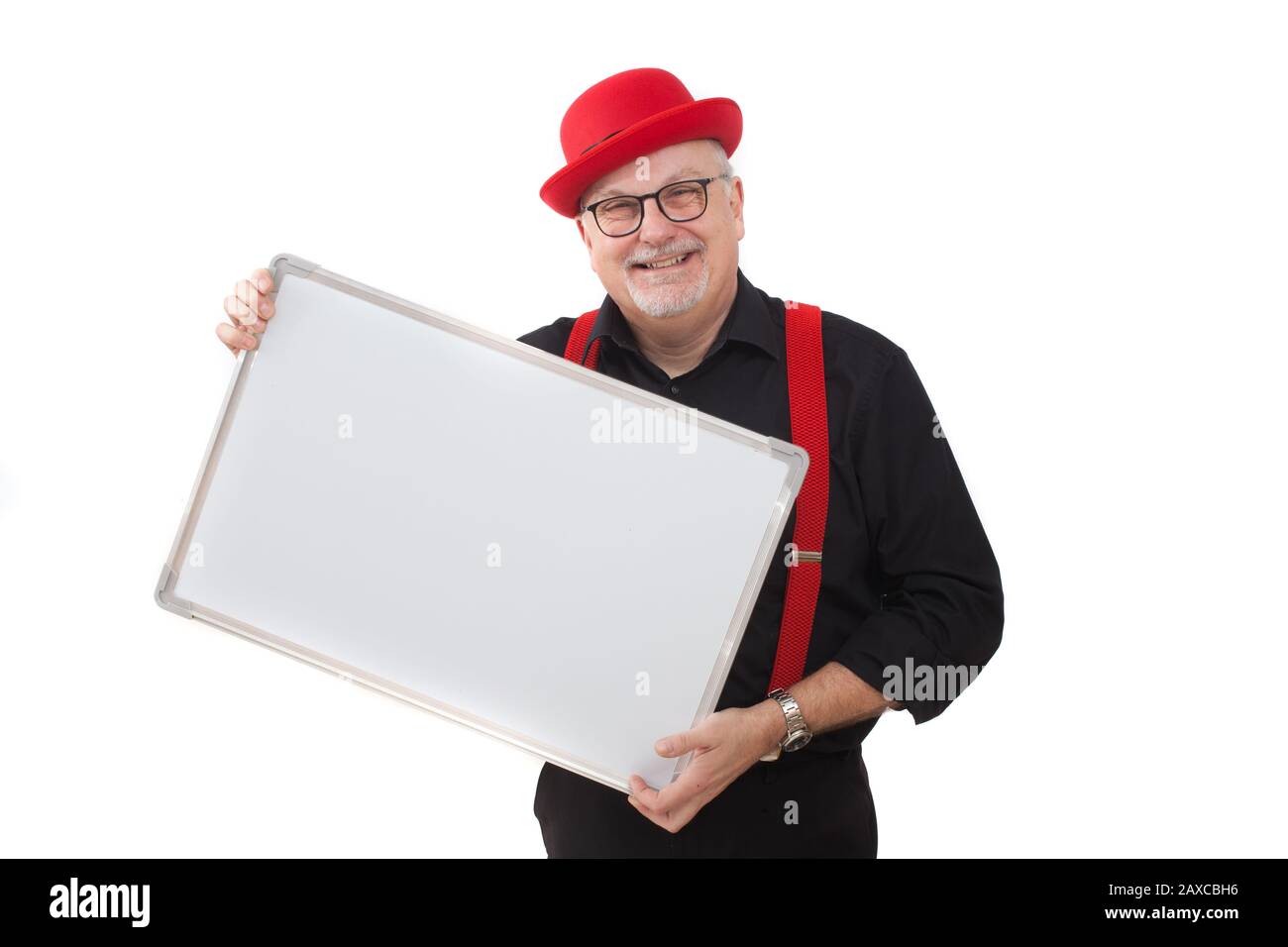 Un uomo che tiene una lavagna bianca per voi per inserire il vostro messaggio Foto Stock