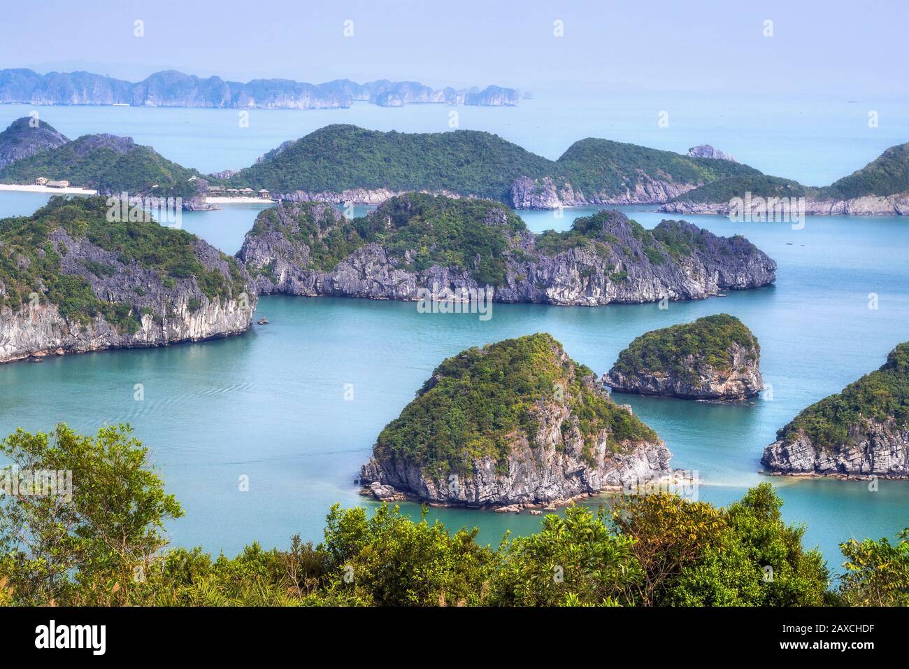 Paesaggio carsico di calcare nella baia di Halong, Vietnam del Nord. Foto Stock