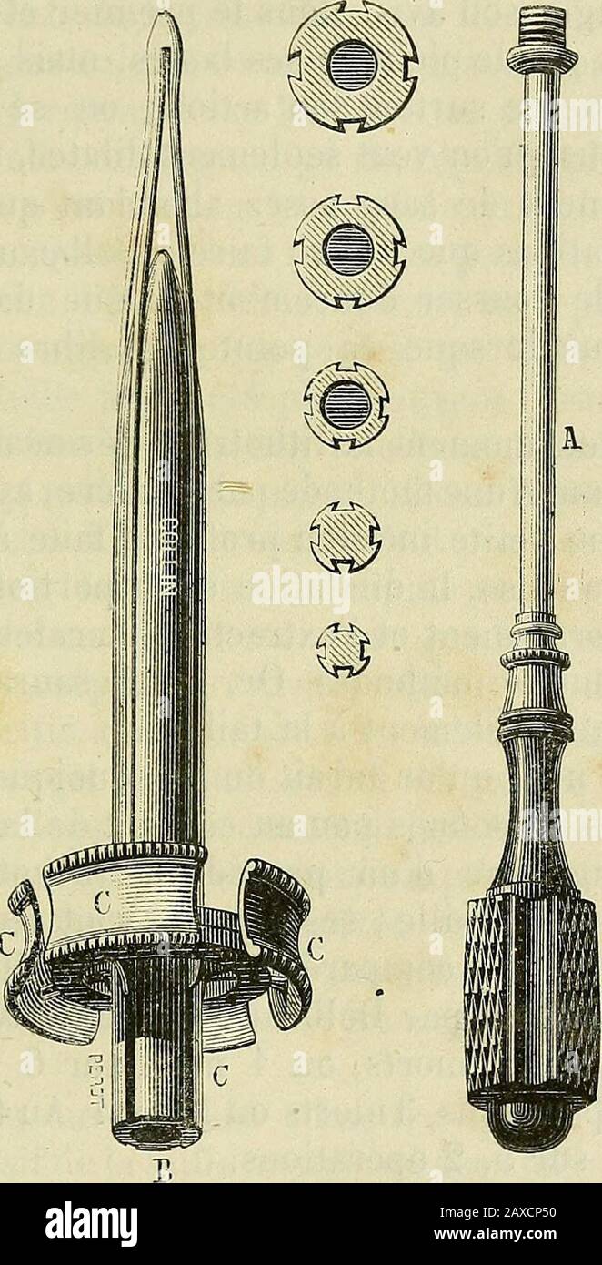 Manuel de médecine opératoire . Dilatateur de Demarquay.D, fermé. E, ouvert. Principe des dilatateurs usités pour la volsion des rétrécisse-ments de lurèthre. Il se compose de quatre valves dont lécarte-ment varie avec le diamètre de la tige centrale. Lorsque les valves fJTiiOTRITIE PÉPaNËÂLE ou TAILLE LITHOTRITIQUE. 049 ont été engagées dans le col de la vessie, on obtient la dilata-tion progressive en introduisant successivement des tiges dunvolume cornetto. Appréciation, à si je me ne sono a carico dabord   lexamen desstruments, je dirai que le dilatateur de Guyon, employé égale-. Fig. 7ÎU Foto Stock