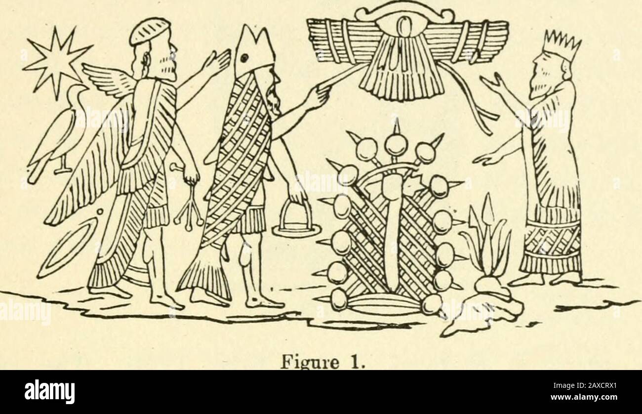 Antico simbolismo pagano e moderno cristiano . J. Fignre questa figura rappresenta i sacerdoti assiri offrendo in presenza di ciò che si suppone essere Baal - o la rappresentatività del dio sole e del boschetto. Il primo è caratterizzato dall'occhio, con ali e coda, che lo rendono simbolico della triade maschile e dell'unità femminile. L'occhio, con la pupilla del thecentral, è di per sé emblematico della stessa. Thegrove rappresenta mysticamente le verger de Cypris. Alla sua altezza sta il re; a sinistra sono due sacerdoti, i più anteriori rivestiti di una pelle di pesce, la testa che forma il mitrethus mostrando l'origine Foto Stock