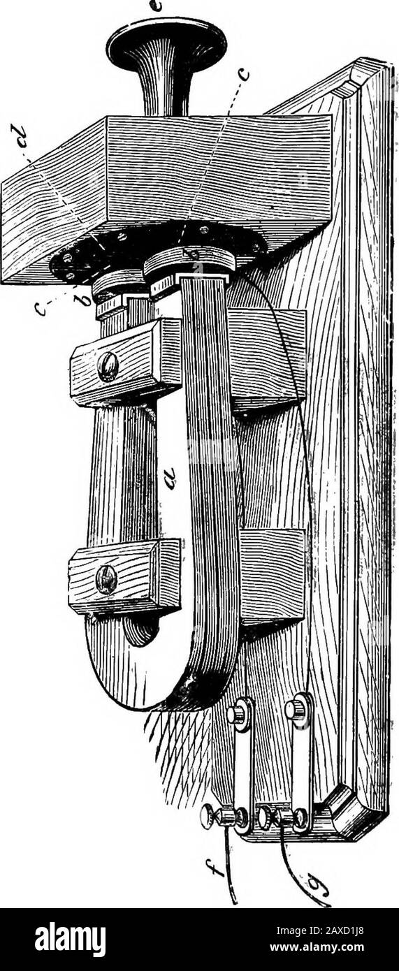 Divertimenti scientifici . Modalità di utilizzo del telefono. Le viti di fissaggio. Davanti al magnete si trova una piastra di ferro sottile, in cui è il boccaglio. I disegni spiegano lo strumento. Il sig. Edison inoltre ha inventato un telefono come Grays, eha fatto la scoperta, che una volta preparato correttamente, Carbon?avrebbe cambiato la relativa resistenza con pressione, E quella teratio di questi cambiamenti corrispondeva alla pressione. Questo risolse il problema della produzione di speech.The carbonio è posto tra due piastre di platinumconnesso nel circuito e vicino al diaframma, e 186 SUONO. Il carbonio riceve t Foto Stock