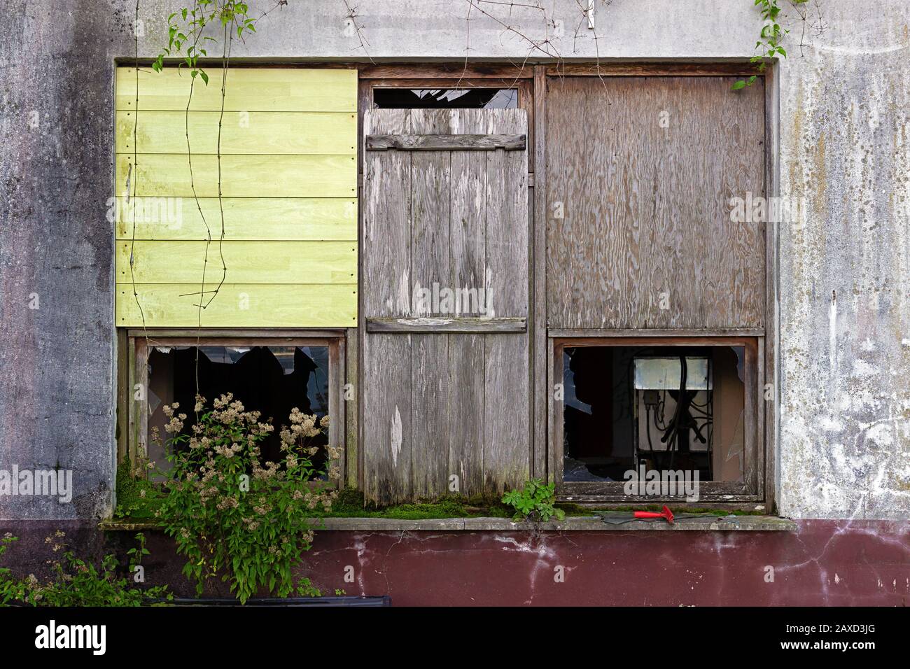 Particolare della facciata di una casa abbandonata in rovina Foto Stock