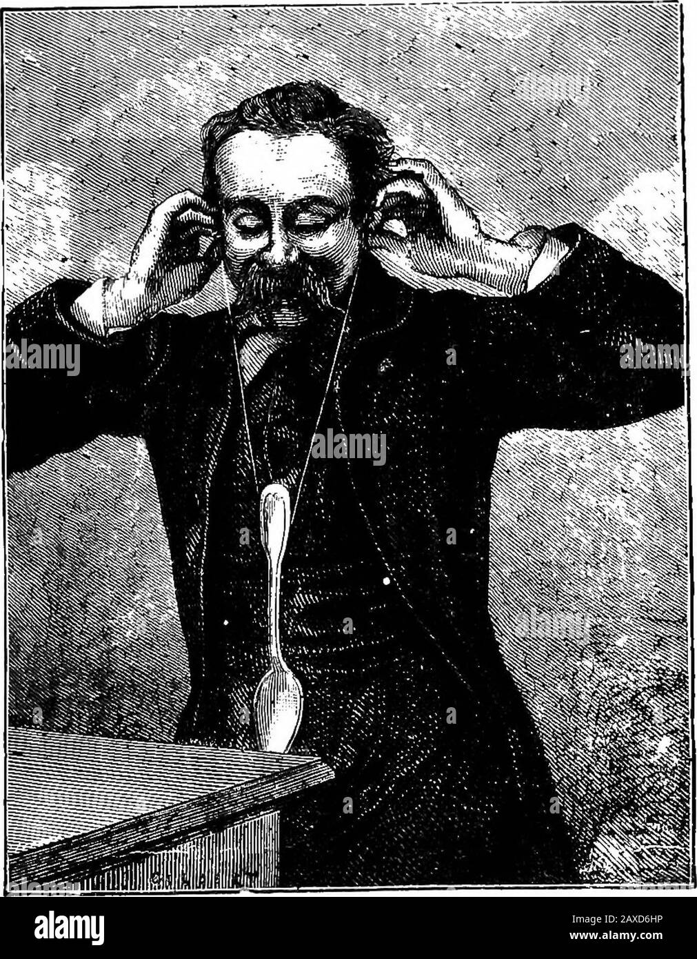 Divertimenti scientifici . Esperimento che mostra la vibrazione delle onde sonore. Vetro conico, come la vecchia forma di vetro di champagne, che sorge dal sughero, come mostrato nella figura allegata.Acoustics può essere studiato allo stesso modo di altri rami della scienza fisica. Descriveremo un esperimento di "in-teresting", che dà un'ottima idea di "thetrrasmissione" dei suoni attraverso corpi solidi. UN cucchiaio di CONDUZIONE d'argento. I6I è fissato ad un filo, le cui estremità sono spinte in entrambe le orecchie, come mostrato nella figura; poi facciamo oscillare leggermente il cucchiaio fino a farlo toccare il bordo del tavolo; il Foto Stock