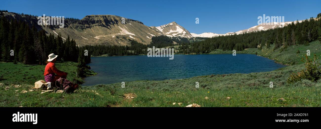 Escursionista seduto sul lago, Pranzo sul lago, Ouzel Falls Area, Grand Teton National Park, Wyoming, USA Foto Stock