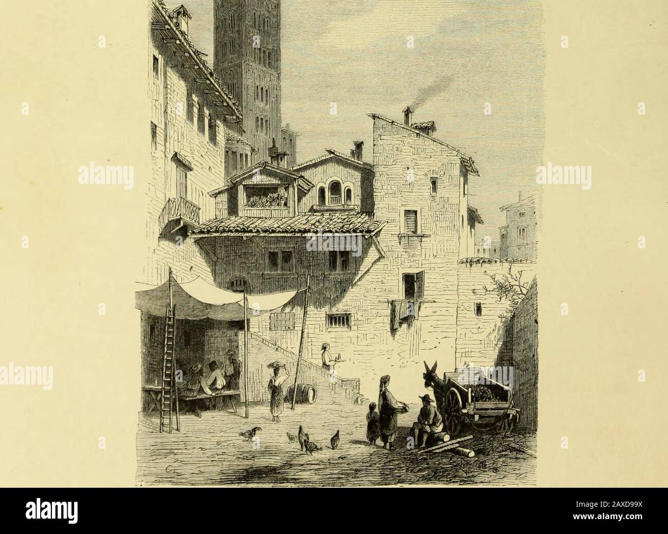 Italia dalle Alpi all'Etna . da Pisa, si trova Lucca, un'importante città di sessantamila abitanti. I bastioni che circondano la città sono piantati di alberi d'ombra, e offrono un delizioso lungomare, da cui l'occhio gode di una vista delle pittoresche torri dal tetto spiaggiato di Lucca, o si estende sul paesaggio affascinante, sostenuto dalla jaggedline delle montagne Pisane. Da questa gamma di colline si estende un possente acquedotto, che, sostenuto su cinquecento archi, fu costruito nel 1834, ma è costruito con vera solidità e massività romana. Lucca, fondata dai Liguri, era un Foto Stock