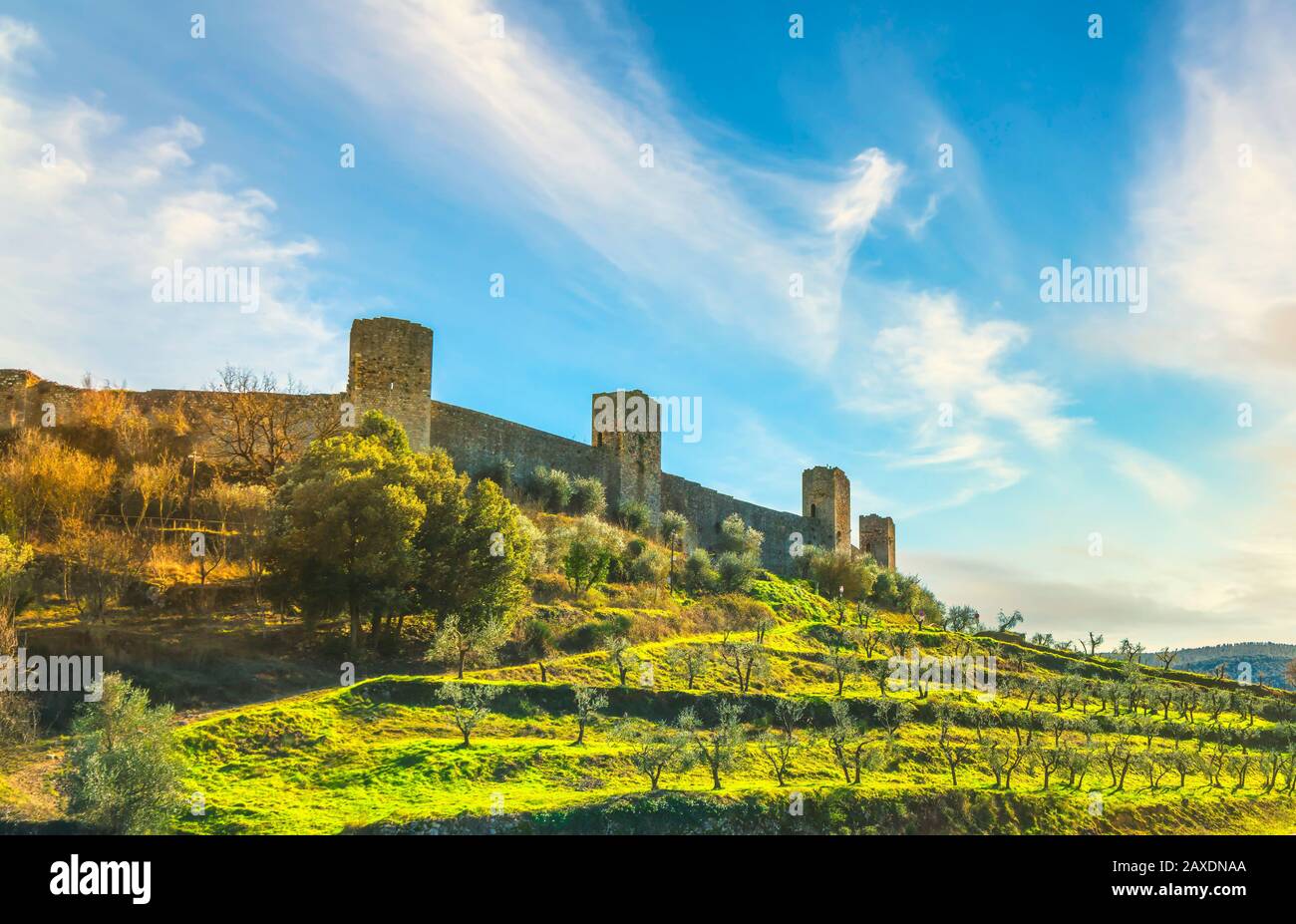 Monteriggioni borgo medievale fortificato e olivi, percorso della via francigena, Siena, Toscana. Italia Europa. Foto Stock