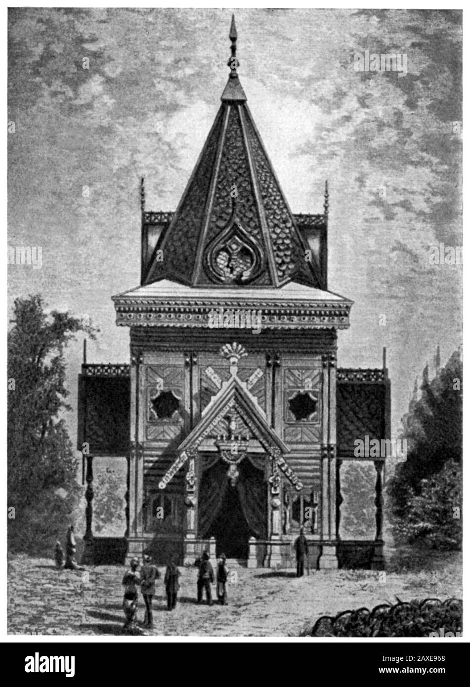 1881 , MILANO, ITALIA : L'ingresso DELL'ISBA RUSSA all'ESPOSIZIONE NAZIONALE di Milano - EXPO - architettura - architettura - Italia - FOTO STORICHE - STORIA - GEOFIERA - GEOGRAFIA - PALAZZO DELL'ESPOSIZIONE ITALIANA - incisione - GEOGRAFIA - GEOGRAFIA - FOTO STORICHE - STILEO NEO-GOTICO - Neo-gotico - neogotico - neogotico - ARCHITETTURA - ARCHITETTURA - RUSSA - RUSSIA © Archivio GBB / Foto Stock