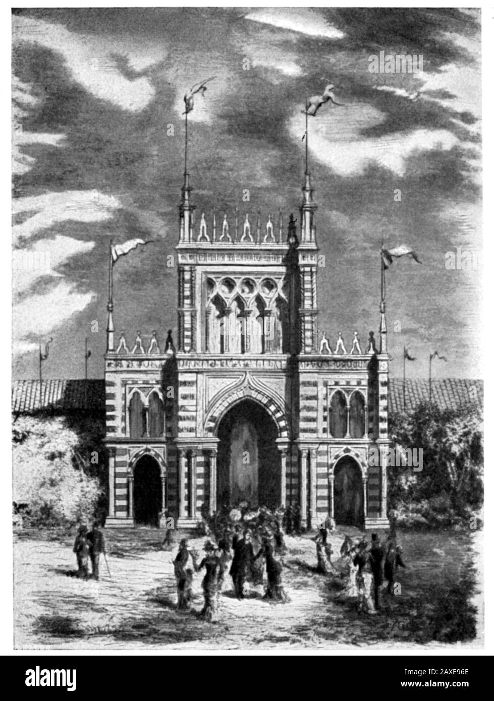 1881 , MILANO, ITALIA : L'ingresso DELLA ESPOSIZIONE NAZIONALE a Milano - EXPO - architettura - architettura - ITALIA - FOTO STORICHE - STORIA - GEOGRAFIA - GEOGRAFIA - PALAZZO DELL'ESPOSIZIONE ITALIANA - incisione - GEOGRAFIA - GEOGRAFIA - FOTO STORICHE - STORICO - STILE NEO-GOTICO - NEOGOTICO - neogotico - Nogotico - ARCHITETTURA - ARCHITETTURA © Archivio GBB / Foto Stock