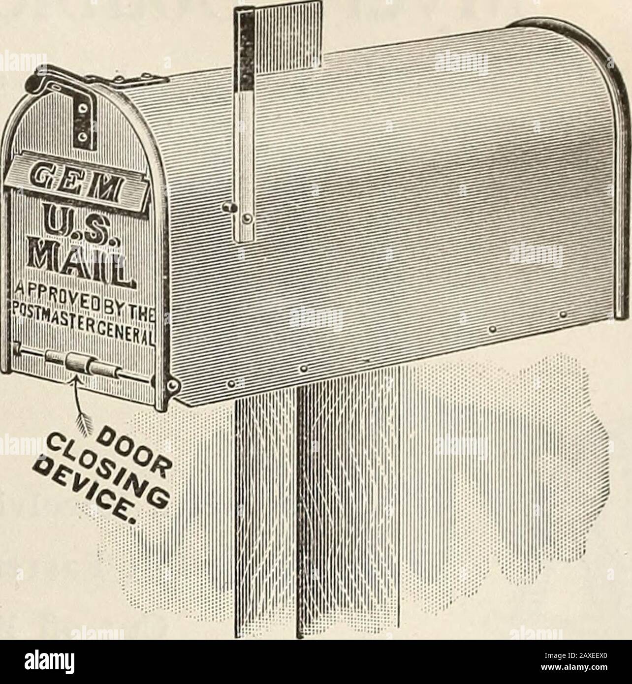 La catalgoue descrittiva di Mann : 1914 guida per l'azienda agricola e il giardino . Rurale OEM No. 4 CON SPORTELLO A CHIUSURA AUTOMATICA (Approvato dalla Postmaster-General) DESCRIZIONE. - Realizzato in acciaio zincato da 22-ga; assolutamente impermeabile; la porta è incernierata sul fondo e tuttavia è mantenuta costantemente chiusa da una cerniera a molla Non può essere lasciato senza sosta aperto o soffiato aperto dal vento; ha una grande bandiera, visibile per una lunga distanza e facilmente odidatta; ha lettera interna e penny holder; ha una goccia-letterhole in porta; ha sostanziale lucchetto-hasp in acciaio; wordsU. S. Mail e Approvato da Postmaster-General in rilievo nella porta AN Foto Stock