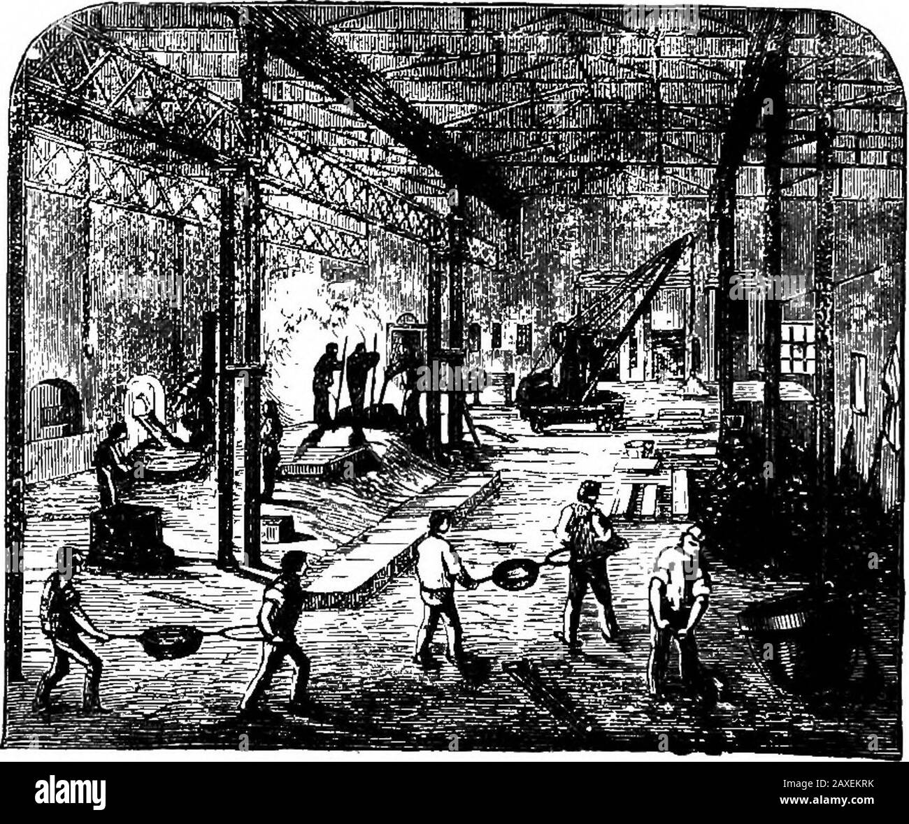 Divertimenti scientifici . Fusione di altoforno. È condotta in che cosa è denominato un altoforno. Quando il metallo è stato tutto ridotto, o fuso, e scende al fondo del forno, un buco è fatto, da cui scorre negli stampi; questo è caledmaschiando il forno. 138 CHIMICA. La fusione è spesso confondente con la fusione, poiché i nomi sono in qualche modo simili, ma i processi sono completamente diversi; nella fusione, il metallo è semplicemente liquefatto, infondente, il metallo deve essere prodotto da minerali che spesso non hanno alcuna apparenza di contenere, come nella fase di ferro-pietra, che sembra marrone Foto Stock