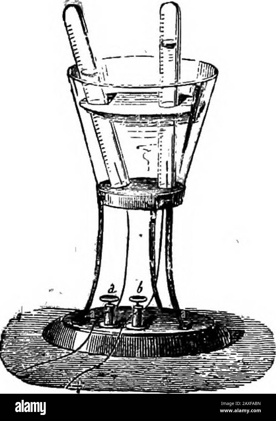 Divertimenti scientifici . L'Eudiometro. Lo stesso metallo. L'idrogeno, e quindi l'ossigeno, vengono ammessi attraverso il mercurio nella proporzione riconosciuta di due atomi di idrogeno. Nel momento in cui il mercurio è leggermente più dimezzo spostato, il tubo deve essere tenuto su un foglio di gomma di india sul fondo del recipiente per mantenere il tubo di metalina, perché quando la necessaria esplosione prende il mercurio potrebbe anche essere cacciato. Una scintilla da theelettroforus o da un vaso di Leyden può ora essere fatta passare ^6 CHIMICA. Attraverso i gas nel tubo. L'esplosione si verifica, el'acqua si forma all'interno. Se il mercurio è di nuovo Foto Stock