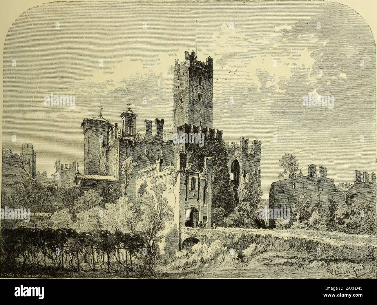 L'Italia dalle Alpi all'Etna . è stata rinomata soprattutto per la Muraglia, un muro di fortezza che si estende fino a Valeggio, a sei chilometri di distanza. Anche questo fu eretto dagli Scaligeri nel XIV secolo, e difeso da merli, torrette e porte. Borghetto è famoso per il ponte rovinato che attraversa il Mincio; Gian Galeazzo Visconti lo costruì per sfidare la casa principesca dei Gonzaga, e per turnare le acque del Mincio che difendeva Mantova. Egli non riuscì a raggiungere questo obiettivo, VERONA, 47 pur spendendo più di centomila zeccJiini per il lavoro. Il tutto Foto Stock