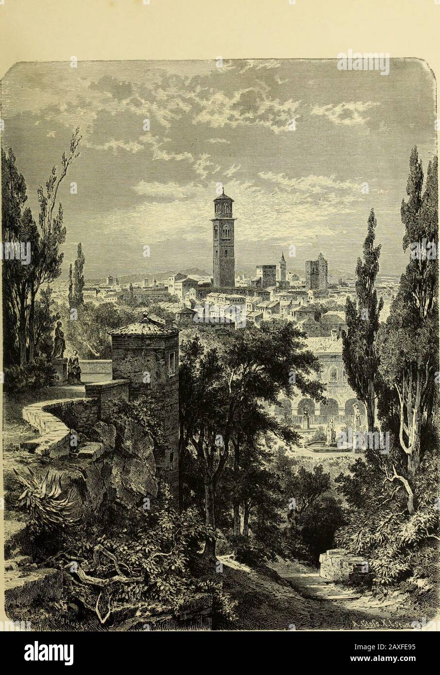 Italia dalle Alpi all'Etna . si girovagò, i cui cipressi salgono al di sopra delle gravee di mille anni morti, il cui silenzio ci divide dal rumore e dal trambusto del mondo esterno. Qui si può apprezzare il diritto della denominazione Verona la digna (Verona il culto) ; Qui ci si dovrebbe loiter all'ora della sera, quando l'ampio mare ofdwellings è in luce, quando ogni onda dell'Adige è come l'oro fuso, quando sotto il fogliame bowery i nightingales cominciano a mescolare nel crepuscolo. Nessun piede ruvido-passo, nessun occhio estraneo, ci disturba. Solo un paio di amanti passa lentamente lungo Foto Stock Italia dalle Alpi all'Etna . si girovagò, i cui cipressi salgono al di sopra delle gravee di mille anni morti, il cui silenzio ci divide dal rumore e dal trambusto del mondo esterno. Qui si può apprezzare il diritto della denominazione Verona la digna (Verona il culto) ; Qui ci si dovrebbe loiter all'ora della sera, quando l'ampio mare ofdwellings è in luce, quando ogni onda dell'Adige è come l'oro fuso, quando sotto il fogliame bowery i nightingales cominciano a mescolare nel crepuscolo. Nessun piede ruvido-passo, nessun occhio estraneo, ci disturba. Solo un paio di amanti passa lentamente lungo Foto Stock
