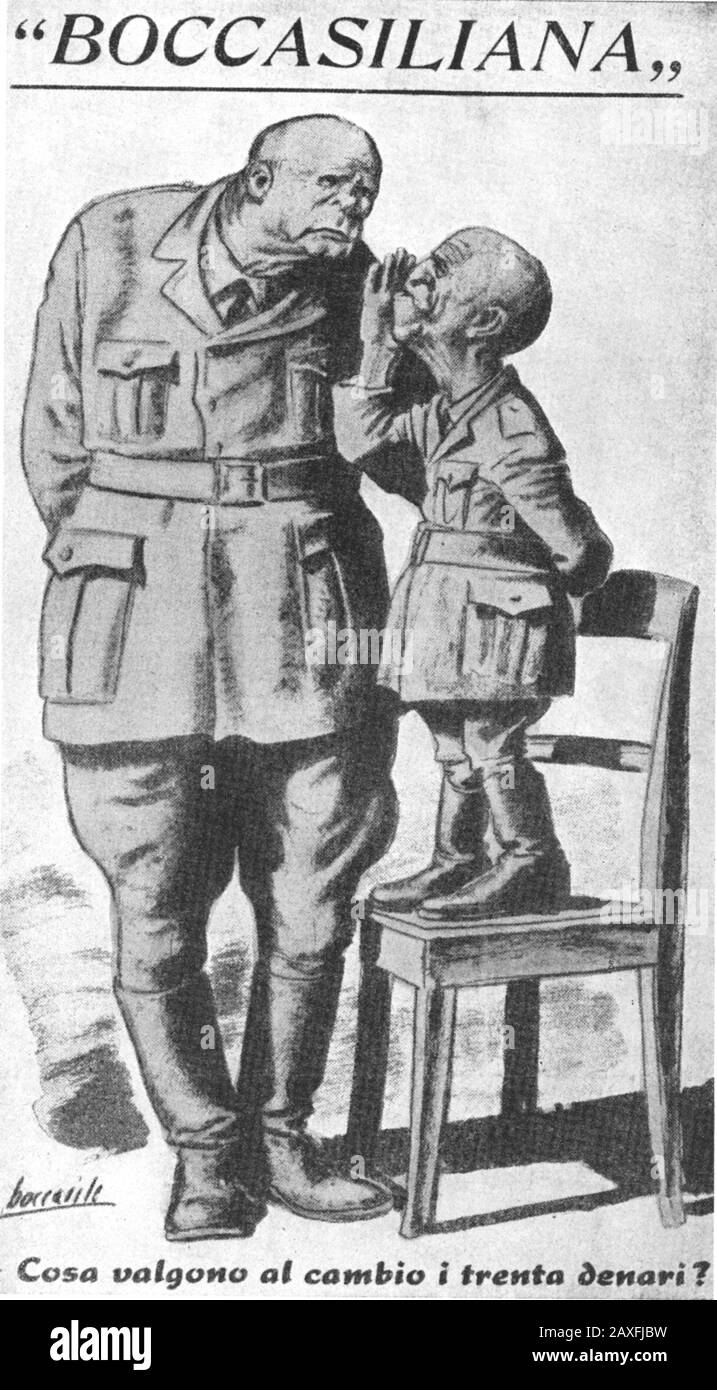 1944 ca , ITALIA : PROPAGANDA fascista durante i giorni della Repubblica socialista di Salo '. In questa caricatura scketch dell'illustratore BOCCASILE il tradimento del Re vittorio EMANUELE III di Savoia e del Maresciallo PIETRO BADOGLIO - FASCISMO - FASCISMO - ANNI QUARANTA - REPUBBLICA SOCIALE DI SALO - REPUBBLICHINO - ITALIA - 40's - '40 - CAMICIA NERA - CAMIMIMIMIIA nera - nera - FOTO STORICHE - FOTO STORICHE - STOCK - ITALIA - XX SECOLO - NOVECENTO - SECONDA GUERRA MONDIALE - 2ND WW II - CARICATURA - VIGNETTA SATIRICA POLITICA © ARCHIVIO GBB / Foto Stock