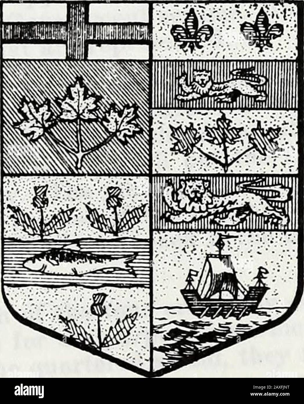 Documenti e documenti - Ontario Historical Society . gnty del re di GreatBritain e Irlanda è indicato sul rivestimento di New Brunswick da thegold leone sul rosso, e allusione al ducato di Brunswick è probabilmente alsointened. Il colore di fondo dello scudo di tlie è oro e su questo un ancientgalley, sulle onde, sia nei loro colori naturali, è mostrato. Gli arri sono nell'acqua e sono descritti come in azione. La galera è allusione aneraldica all'industria cantieristica che fiorì in questo]i]-ovinee nei primi giorni. LE BRACCIA DEL CANADA. Le quattro provviucos già menzionato, vale a dire: Ontario. Quebe Foto Stock