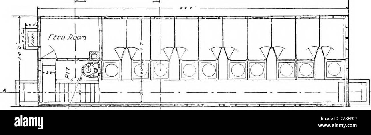 Igiene e igiene della cultura avicola . V^ Casa singola Di Covoni 4. R i Casa singola con passaggio Tra I Covoni Fig. 179, piano di piano di sei cantina di incubatrici e le case di covoni. (Candee Incubator Co,) BEOODING 453 dei raggi solari nella distruzione di batteri nocivi non di gruppo di batteri. Ogni hover ha di solito una capacità da cinquanta a settanta-cinque pulcini. I fegati sono di tipi diversi. I due tipi generali sono fissi e regolabili. Il calore viene convogliato a disporre i tubi di ferro in una scatola vicino al pavimento e i tubi riscaldano l'aria. L'aria riscaldata sale, ed i pulcini sono sempre assicurati Foto Stock