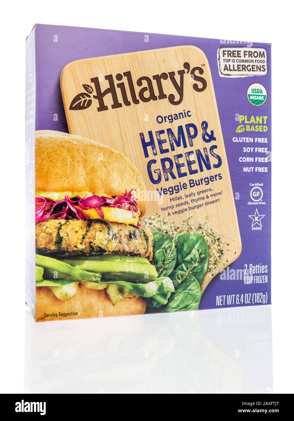 Winneconne, WI - 11 febbraio 2020: Un pacchetto di Hilarys Organic canapa e verdure veggie hamburger su uno sfondo isolato. Foto Stock