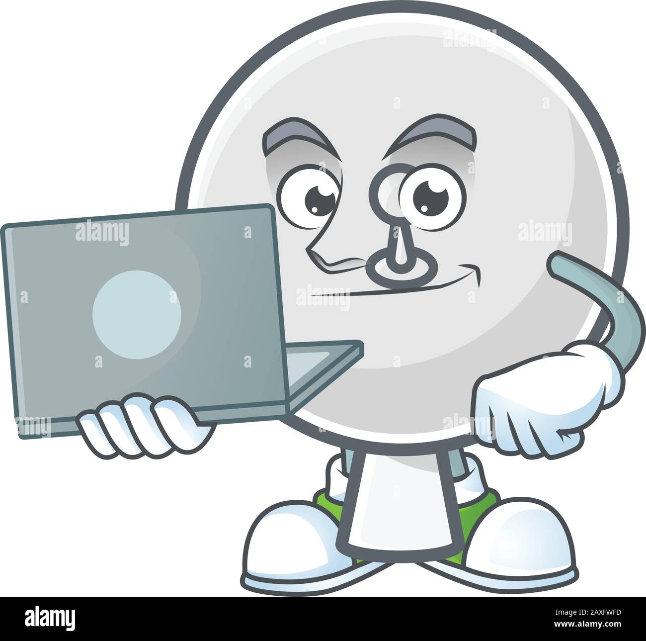 Un'icona Smart satellite di piatto mascotte che lavora con il computer portatile Illustrazione Vettoriale