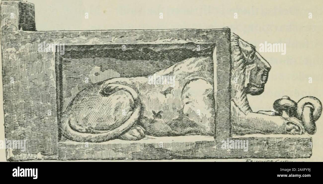 Manuale della archæology egiziana e guida allo studio delle antichità in EgyptPer l'uso di studenti e viaggiatori . ially di leoni, sul thecontrary, ha mantenuto la loro individualità. Gli egittiani avevano una speciale predilezione per la tribù felina; rappresentarono il leone in tutti gli atteggiamenti possibili, inseguendo l'antilope, attaccando il cacciatore, ferito e morendo il w^ound, o in una calma, disdainful repose. Nessuna nazione lo ha rappresentato con tanta intima conoscenza delle sue abitudini, né con suchintensity di vita. Molte delle divinità, Shu, Anhuri, Bast, Sekhet, Tefrut, erano di gatto o di leonform, e. Foto Stock