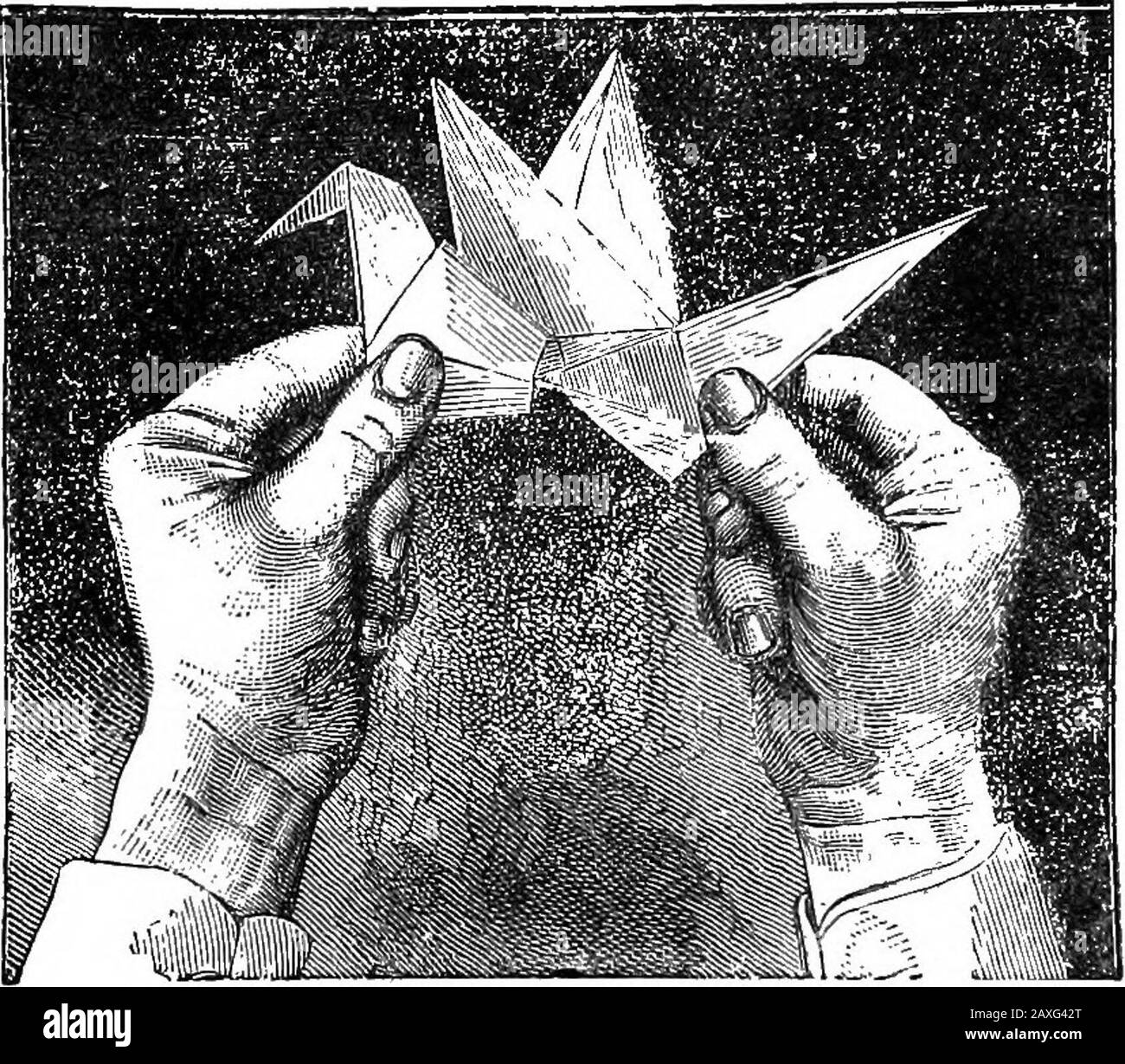 Gli amusements scientifici. E si gira in loro. UN UCCELLO MECCANICO DELLA CARTA. L'arte di fare articoli di carta necessiterà lungo lo studio da parte nostra, e non intendiamo entrarvi nelle varie fasi di esso qui. , sappiamo che le cose del manichine possono essere fatte in carta, ma l'oggetto particolare che stiamo per spiegare è un uccello meccanico birdintrduced dai giocolieri giapponesi - un uccello che volgono le sue ali quando manipolato. L'illustrazione mostra l'azione delle mani, che, avvicinandosi arido separando giocattoli MECCANICI I30, ECC. alternativamente, fanno l'aletta dell'uccello le sue ali. Gli altri disegni indicano il progr Foto Stock