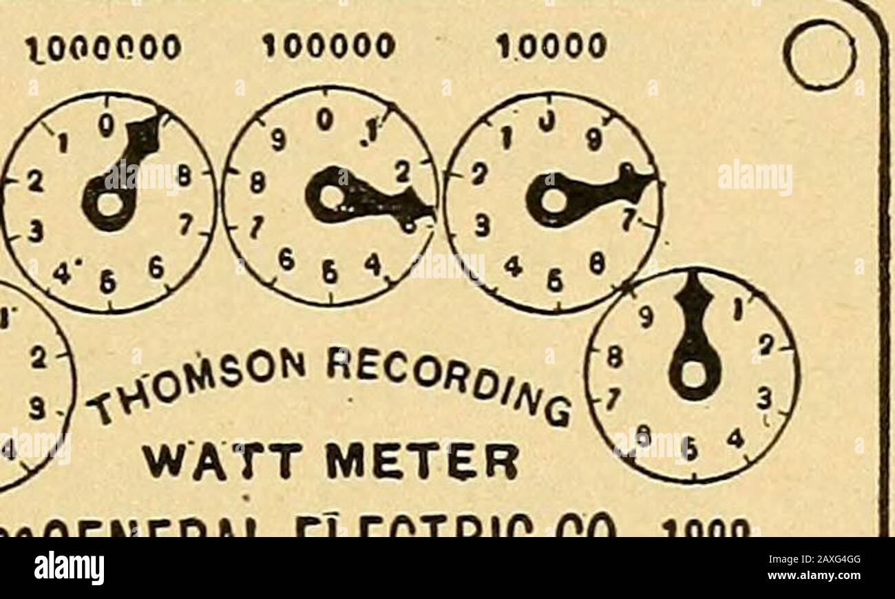 Manuale del XX secolo per ingegneri ed elettricisti del settore del vapore, con domande e risposte .. . ^sj/ WATTMETRO 10ooooooGENERAL CO 1000 ^ (J Watt hr. Constant Watt HrsVJ No.7 = 9.912.100 o Ov o WATTMETRO GENERAL ELECTRIC CO. 100° hr. Costante Watt Hh. Q No.8 =9.928.000. O WATTMETRO iooooooooooooooooooooooooeneraleR8 CO 00  J Watt ore. Constant Watt HrsJj No.9=9.918.100 &lt;0 WATT METER .ooowqenERAL ELECTRIC CO. ,00° ^ CjWatt HRS. Costante Watt Hrs.Cj Foto Stock