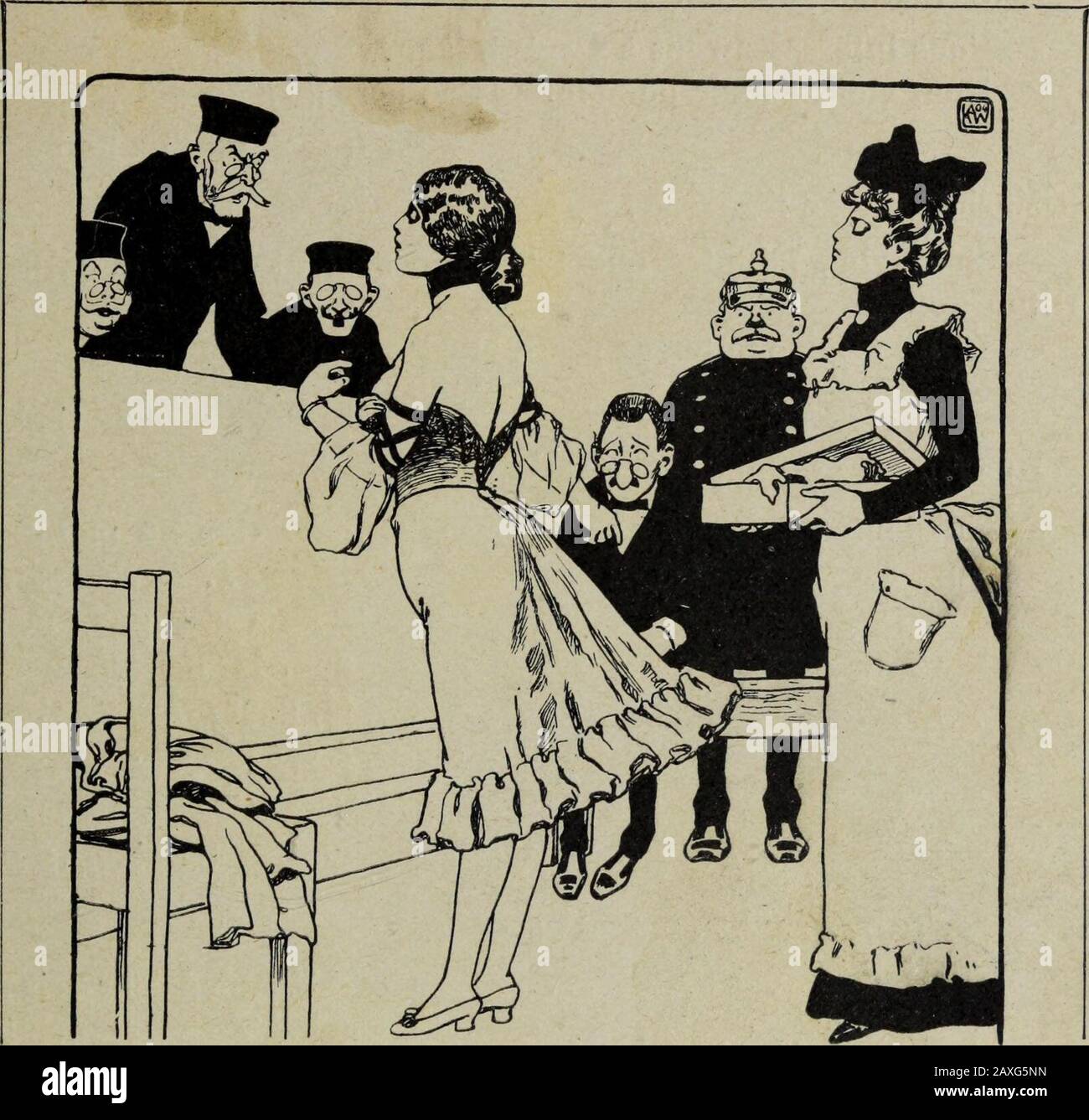 Immagini galantes et esprit de l'etranger: Berlino, Monaco, Vienne, Torino, Londres . Je tai fait figurer sur mon bilan, comme passif,Fanny - Epouse-moi, et je deviendrai, alors, un actif. {Sect, de Vienne, 1903). IMMAGINI GOLANTES DE I/ÉTRANGER 189. La LOI HEINZE DE MAGDEB()URG « Monsieur le Président, je dois seulement, pour mon rôle, indicher ma toi-lette et ne pas la souligner. JE ne puis donc pas apparaître en public revêtue d unecotte de maille. Vous seriez quelque peu choqué si vous me voyiez apparaîtresur les planches assurée contre le feu et le cambriolage. (*) Caricature faisant allusi Foto Stock