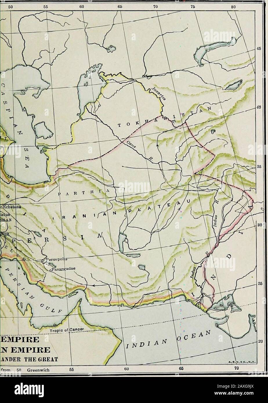 I contorni della storia europea . BoundarieH di Furaian Empire Confini di Alexanders Empire . * percorso di Alexander SCALE CHAI^DEANMEDO-PERSIA E CONQUISTE DI ALES Lonfritudc 45 Eust. JVeste Asia: Babylonia, Assiria, e Chaldea 81 ^ Io guerre lunghe e gravi il grande kinar trovò il tempo civiltà e ricchezza a strappare,^^ ^ ^, , , , , ° •/- .• r di Caldeo „ , ,   voto all'allargamento e beautmcation oi Rabvion - il suo KQh? Nn Pi-£1.- • .^ u- V, u ,1 ^°iig dall'esempio dell'architettura imperiale che un tempo era adornata Ninive (p. 76), Nebukadnetsar cancellò per superare il suo Predecess assiro Foto Stock
