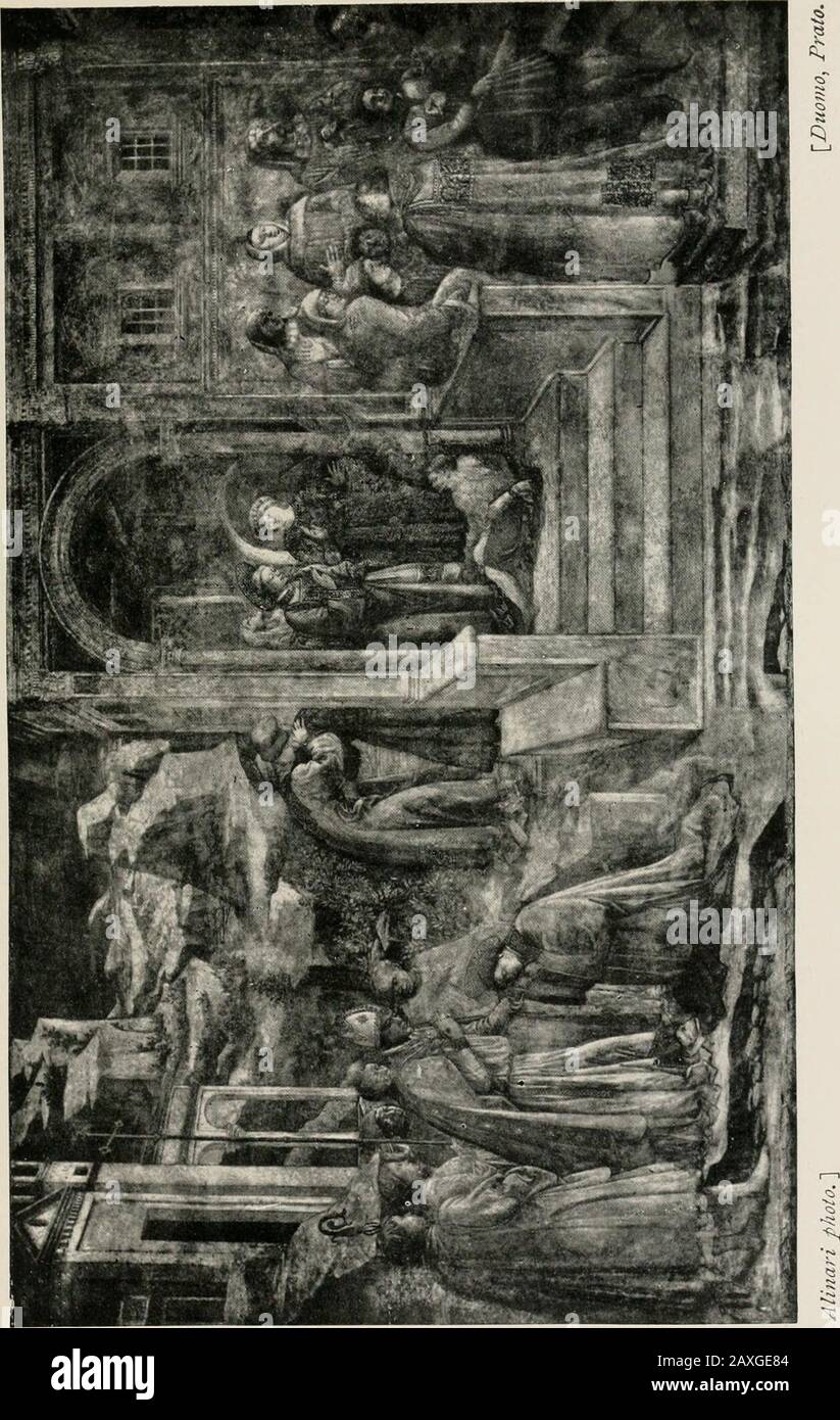 Fra Filippo Lippi . a sinistra, l'artisticamente rappresentava l'ordinazione di Santo Stefano da vescovo ^ assistito da cinque sacerdoti. La scena prende posto fuori di una chiesa, circondata dal paesaggio deso-late della lunetta. Inginocchiato davanti al vescovo teconsecante, il giovane Levita bacia una delle mani dei latters mentre l'altra è sollevata inbenedicenza. Vediamo poi il proto-martire conforto-ing e abbracciando un uomo in ricco raiment, apparentilhe padre di un giovane che è rappresentato legato a colonna di toa, posseduto del diavolo, in una stanza del palazzo signorile vicino al quale l'aifecting ha plac Foto Stock